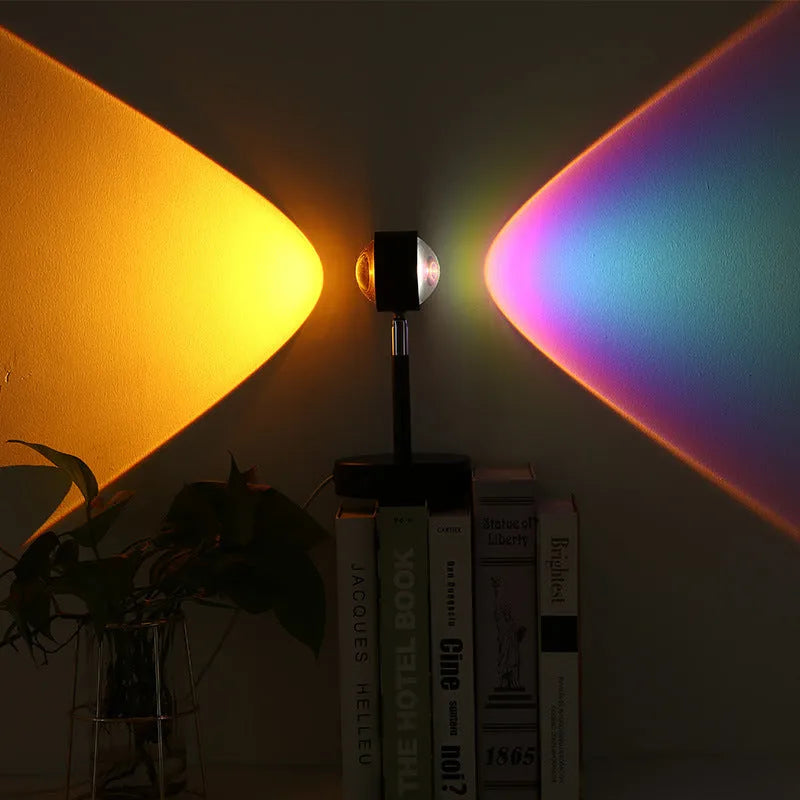 Black USB dual-head sunset rainbow projection lamp for bedroom with touch control