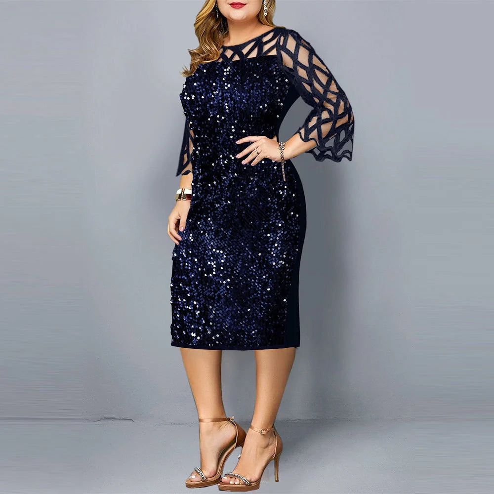 Sequin plus size party dress for women with lotus leaf sleeves in black, wine red, and navy blue