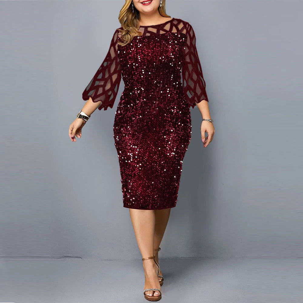 Sequin plus size party dress for women with lotus leaf sleeves in black, wine red, and navy blue