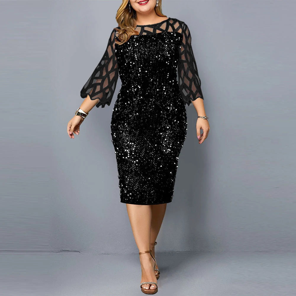 Sequin plus size party dress for women with lotus leaf sleeves in black, wine red, and navy blue