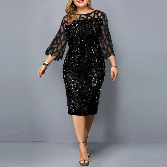 Sequin plus size party dress for women with lotus leaf sleeves in black, wine red, and navy blue