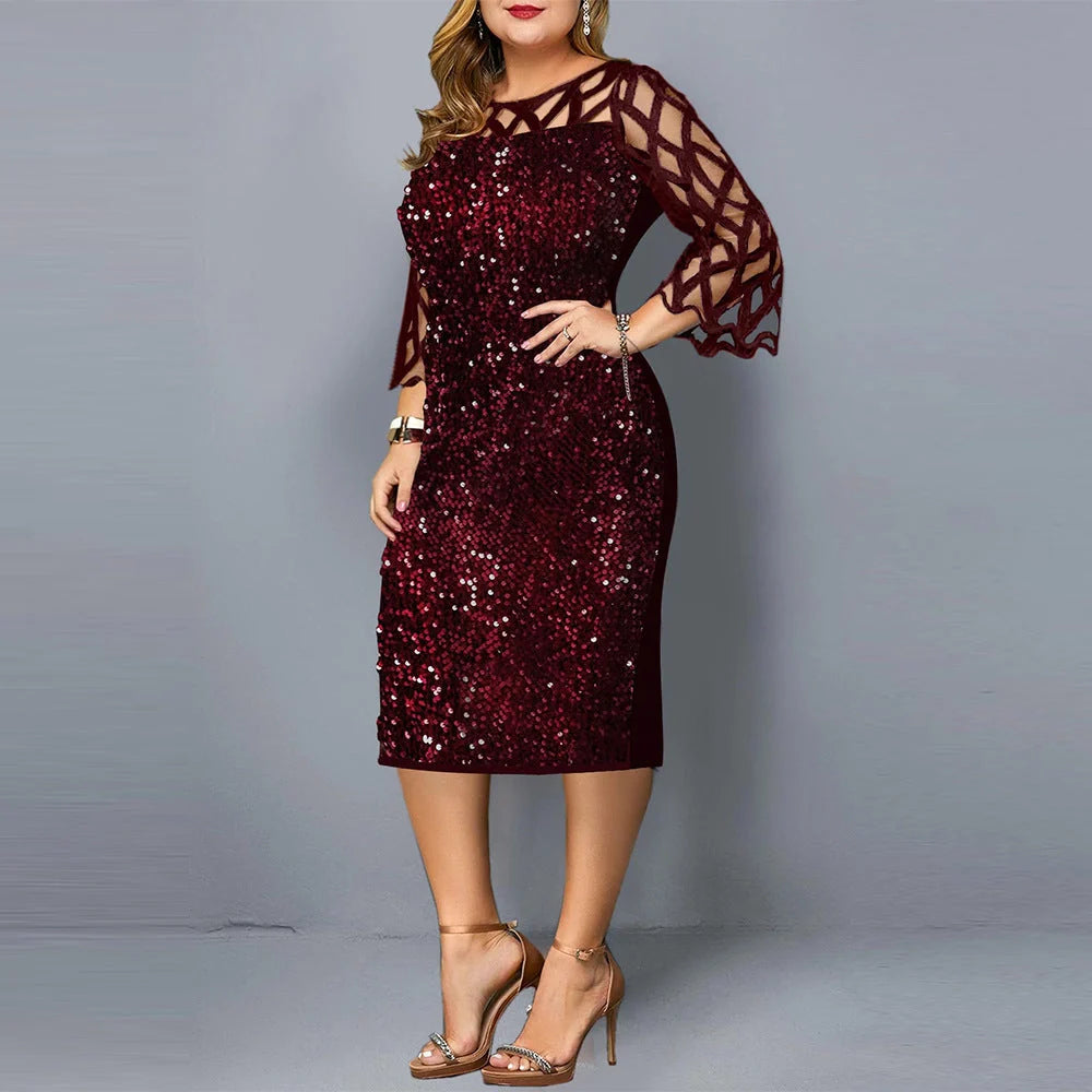Sequin plus size party dress for women with lotus leaf sleeves in black, wine red, and navy blue