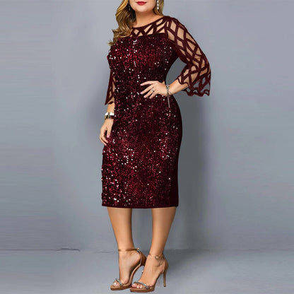 Sequin plus size party dress for women with lotus leaf sleeves in black, wine red, and navy blue