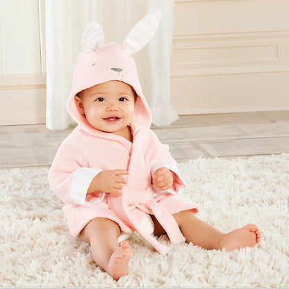 Cotton baby bathrobe with animal hood showing panda design, belt fastening, and absorbent fabric