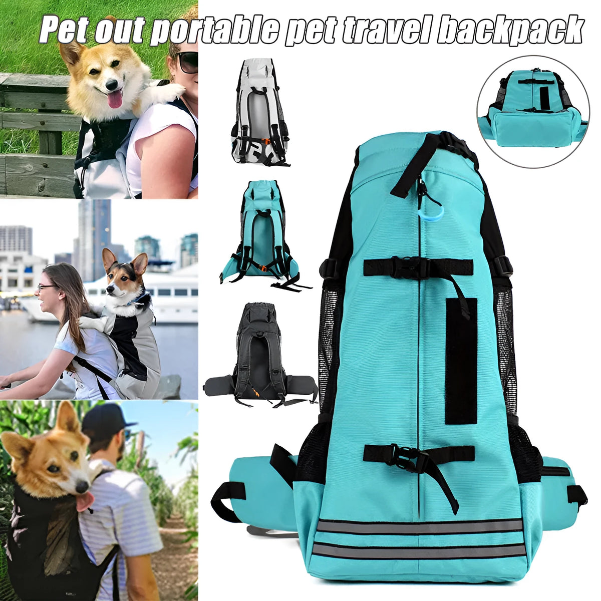 Medium dog backpack carrier in black with expandable design, made from 600D Oxford cloth, side view