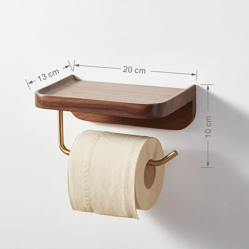 Solid walnut wood and brass wall-mounted paper towel rack and toilet roll holder