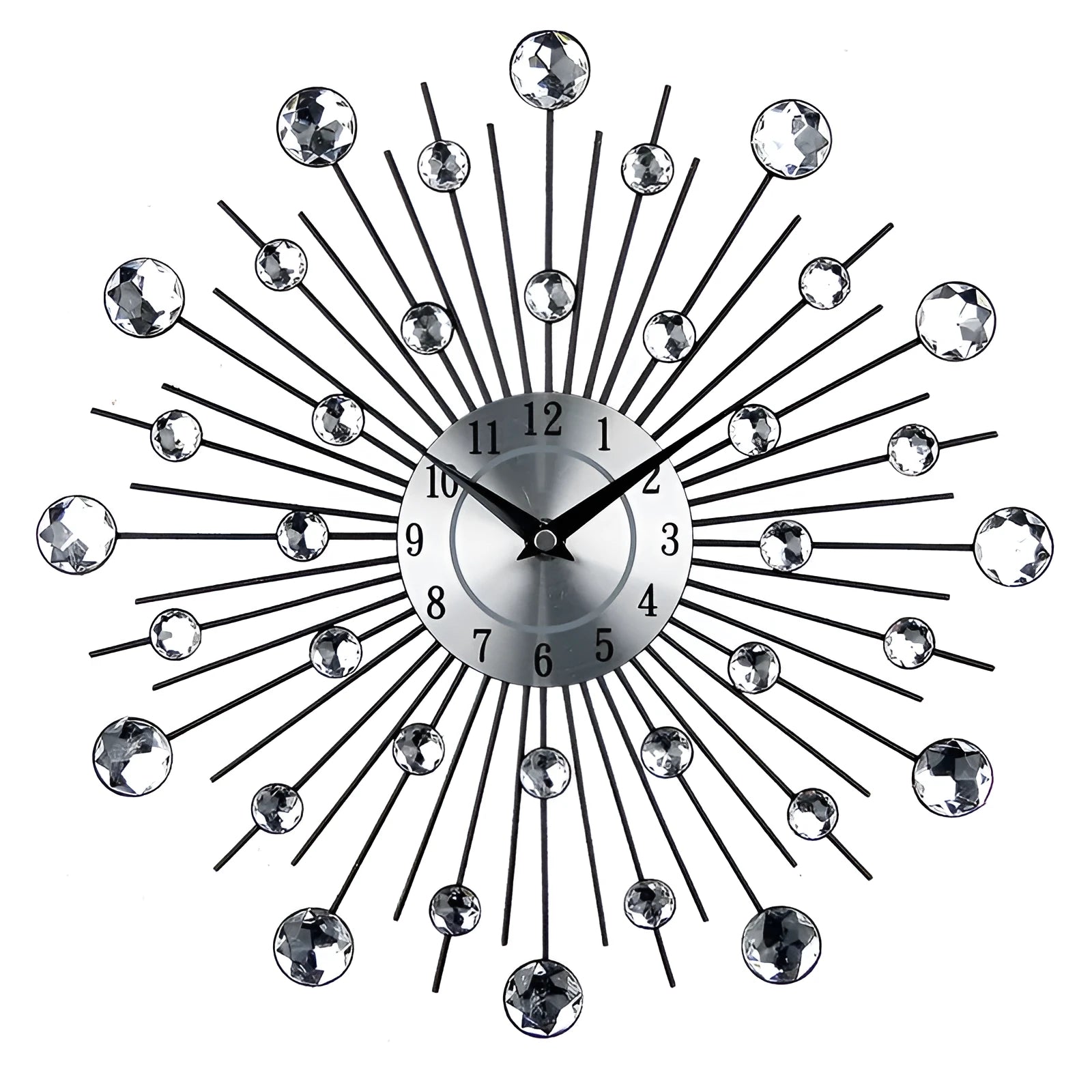 Silver round wall clock with aluminium dial and metal frame, 33cm diameter