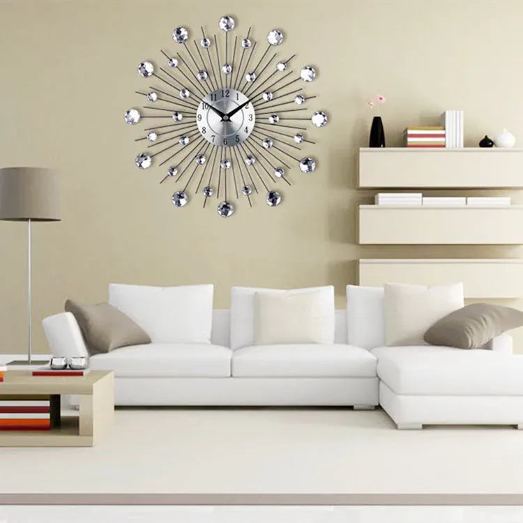 Silver round wall clock with aluminium dial and metal frame, 33cm diameter