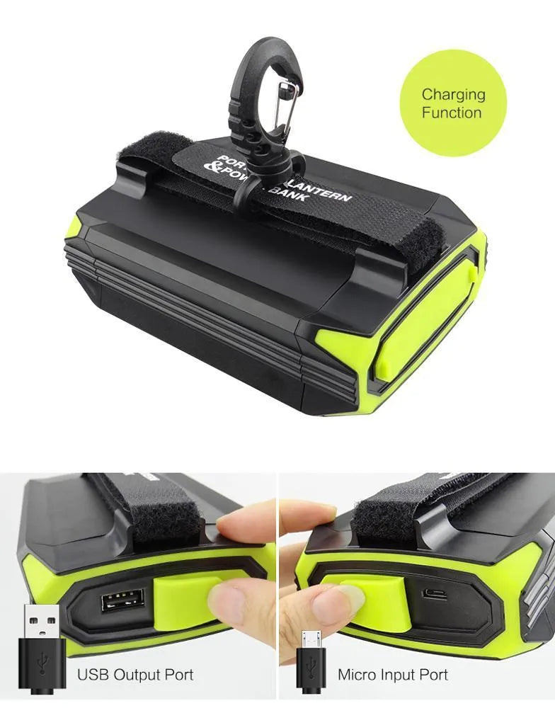 Green aluminium alloy rechargeable camping light with USB port and push button controls