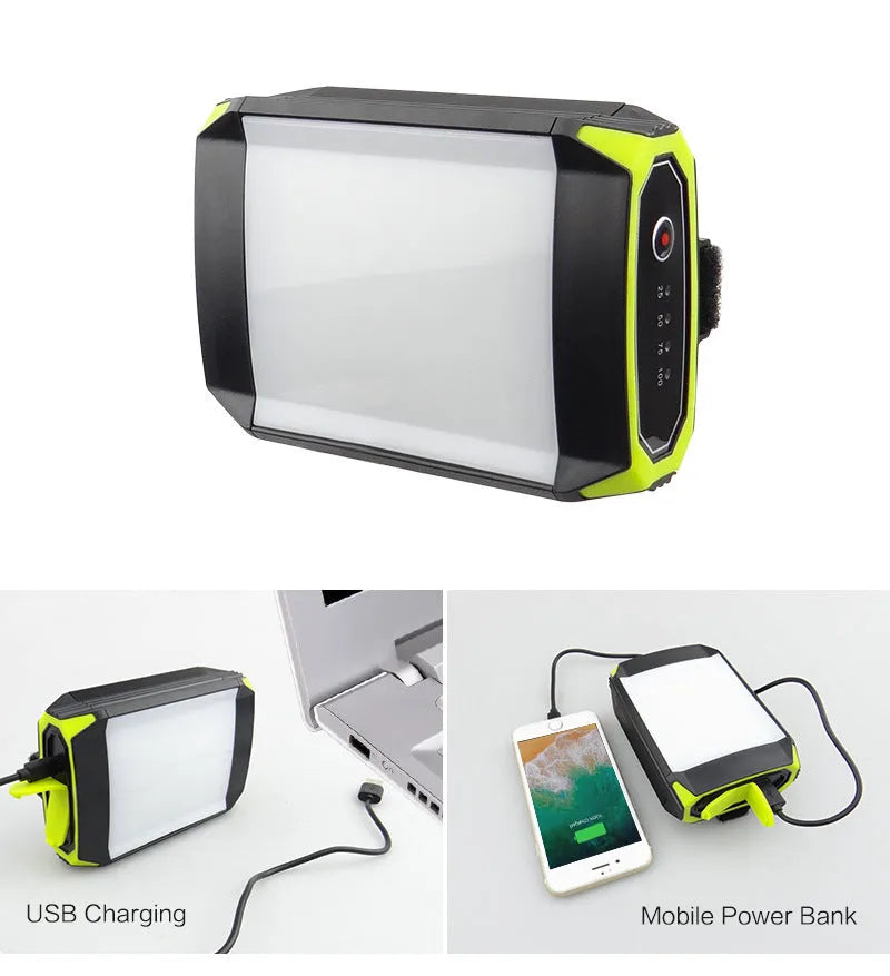 Green aluminium alloy rechargeable camping light with USB port and push button controls
