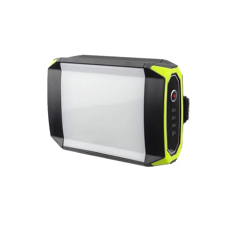 Green aluminium alloy rechargeable camping light with USB port and push button controls