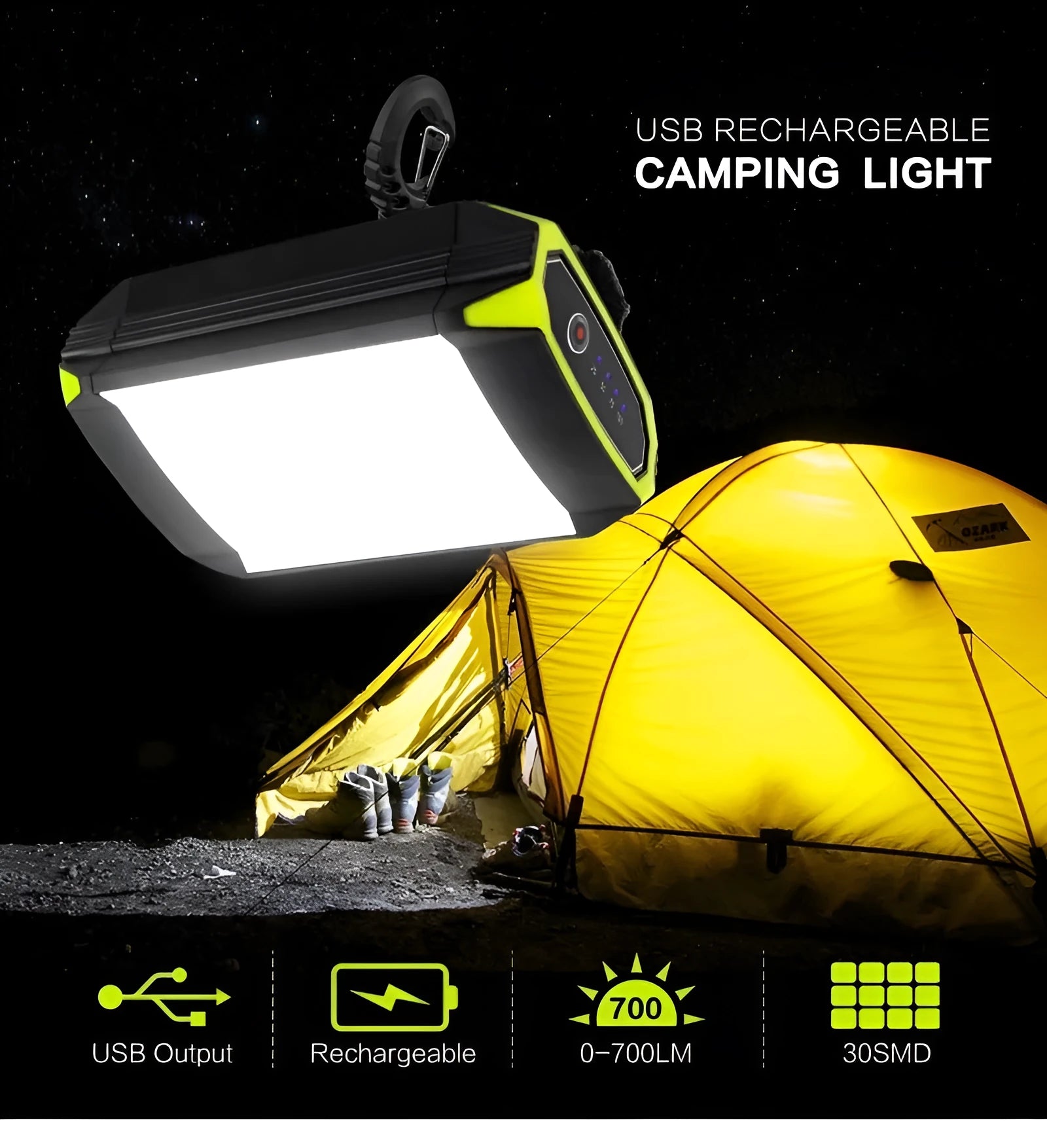 Green aluminium alloy rechargeable camping light with USB port and push button controls