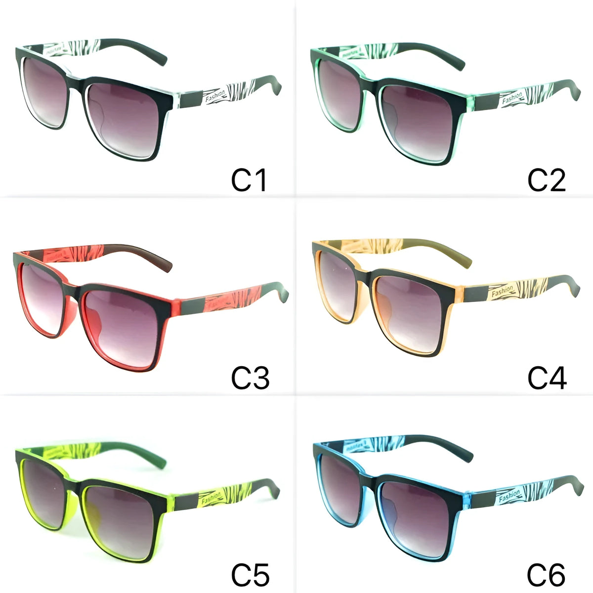 Square kids sports sunglasses with PC frame and AC lens in six colour options C1 to C6 for outdoor play