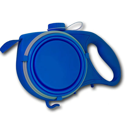 Blue automatic retractable dog leash with 3m extension, ergonomic handle, and folded silicone bowl, 22x16x5.5cm size