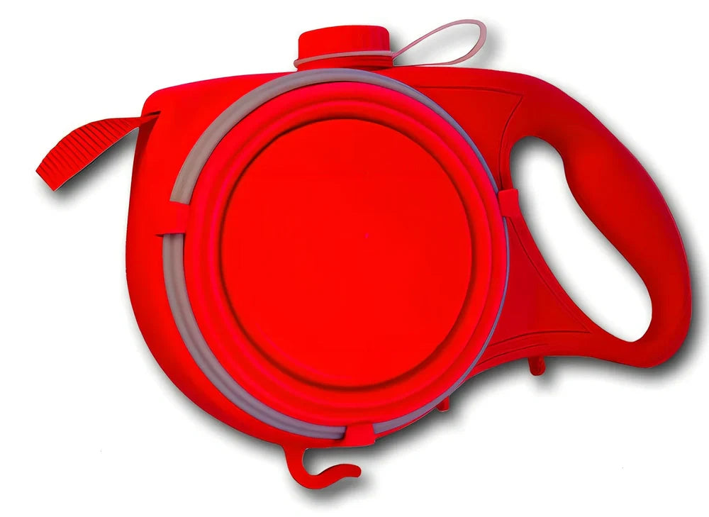 Blue automatic retractable dog leash with 3m extension, ergonomic handle, and folded silicone bowl, 22x16x5.5cm size