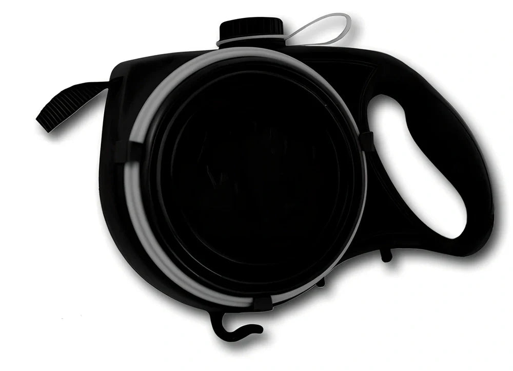 Blue automatic retractable dog leash with 3m extension, ergonomic handle, and folded silicone bowl, 22x16x5.5cm size