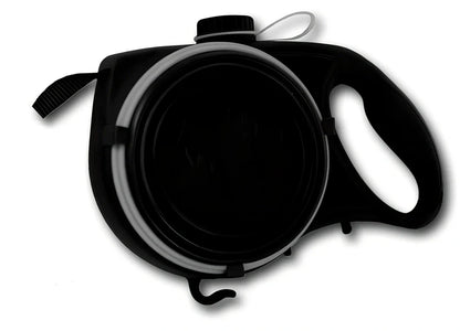 Blue automatic retractable dog leash with 3m extension, ergonomic handle, and folded silicone bowl, 22x16x5.5cm size