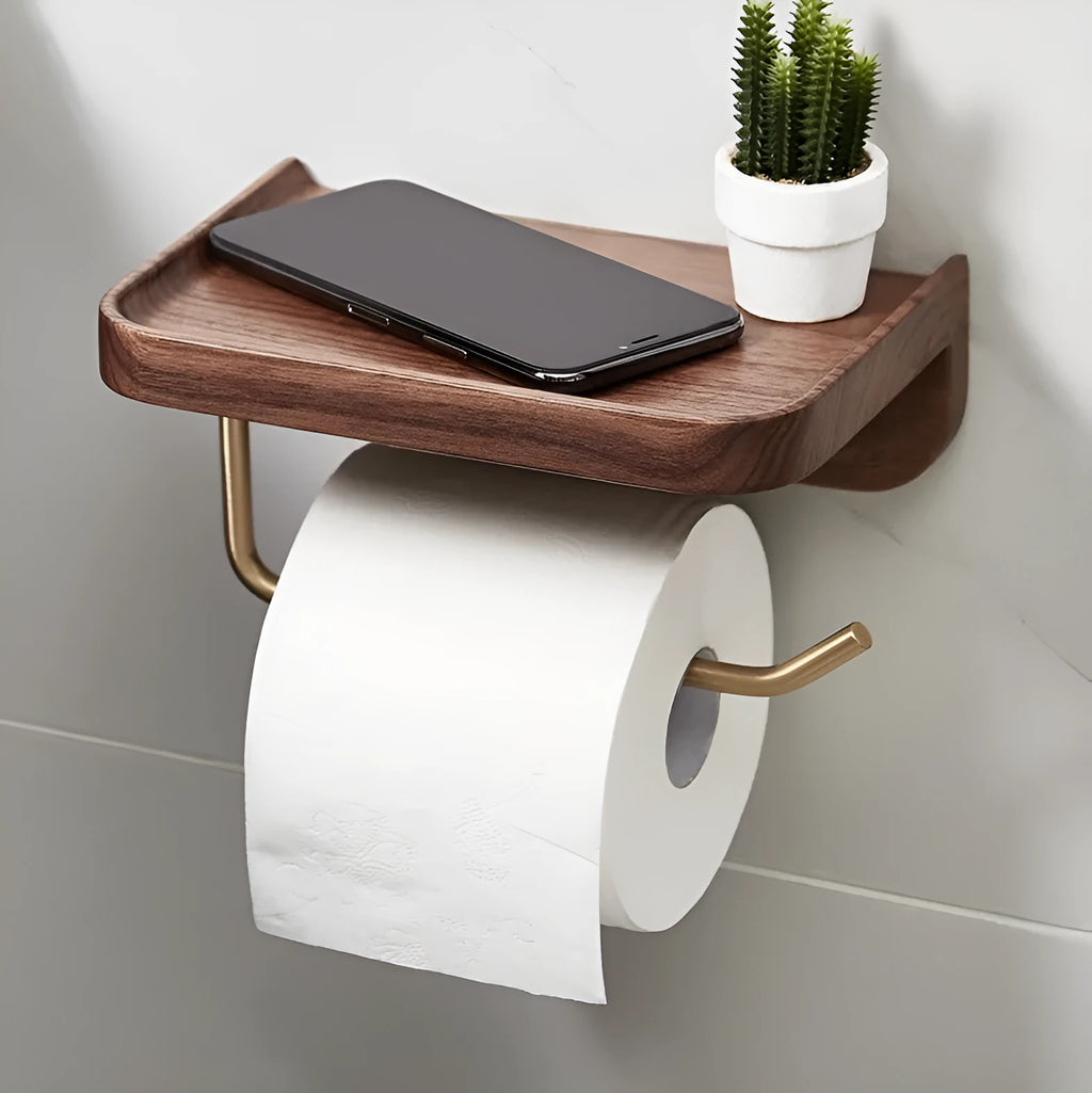 Solid walnut wood and brass wall-mounted paper towel rack and toilet roll holder