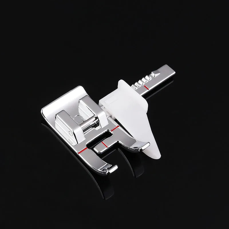 Regular presser foot for household sewing machine with adjustable border guide and red alignment markings