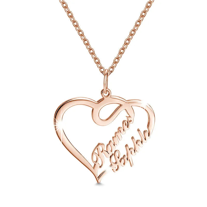 Double heart necklace with smooth textured pendant in gold finish on O-shaped chain