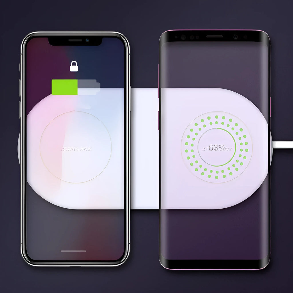 White dual wireless charging station for two mobile phones on a minimalist base.