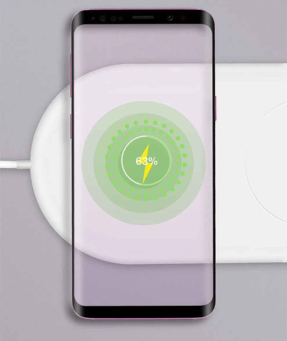 White dual wireless charging station for two mobile phones on a minimalist base.