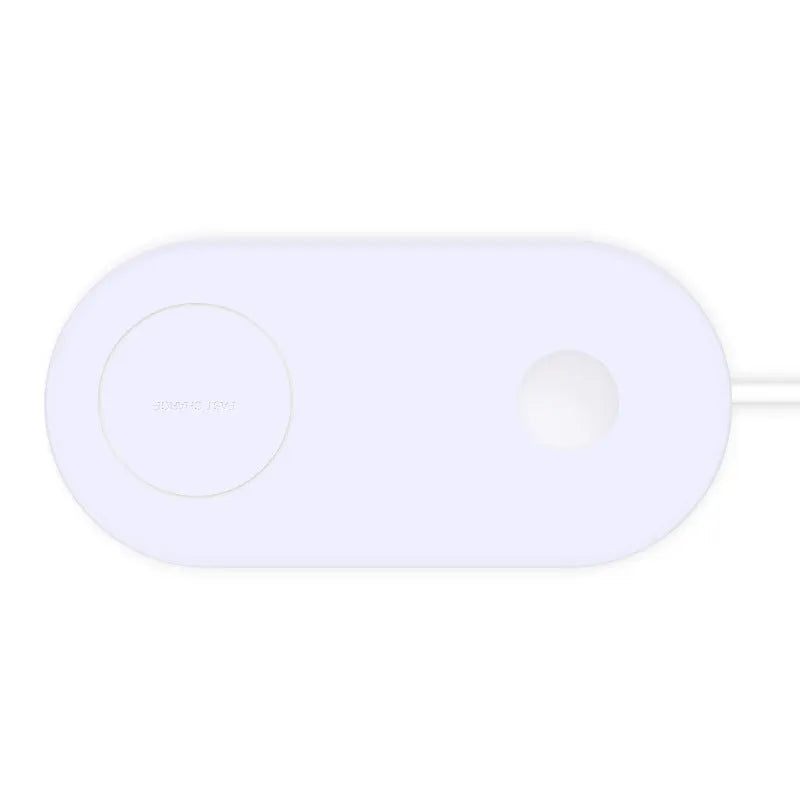White dual wireless charging station for two mobile phones on a minimalist base.
