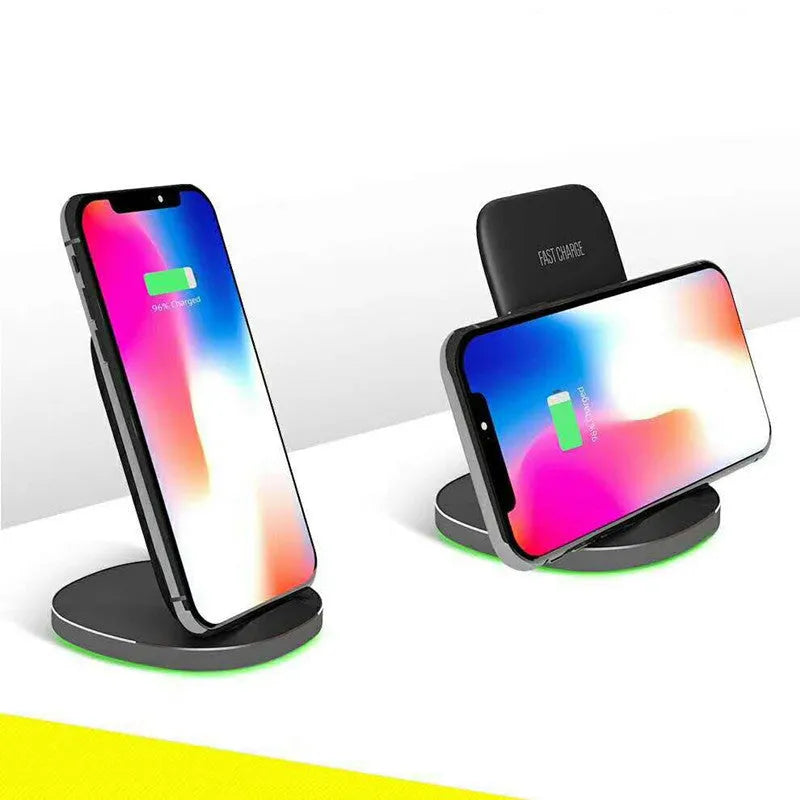 Vertical wireless charging dock in black and white for smartphones