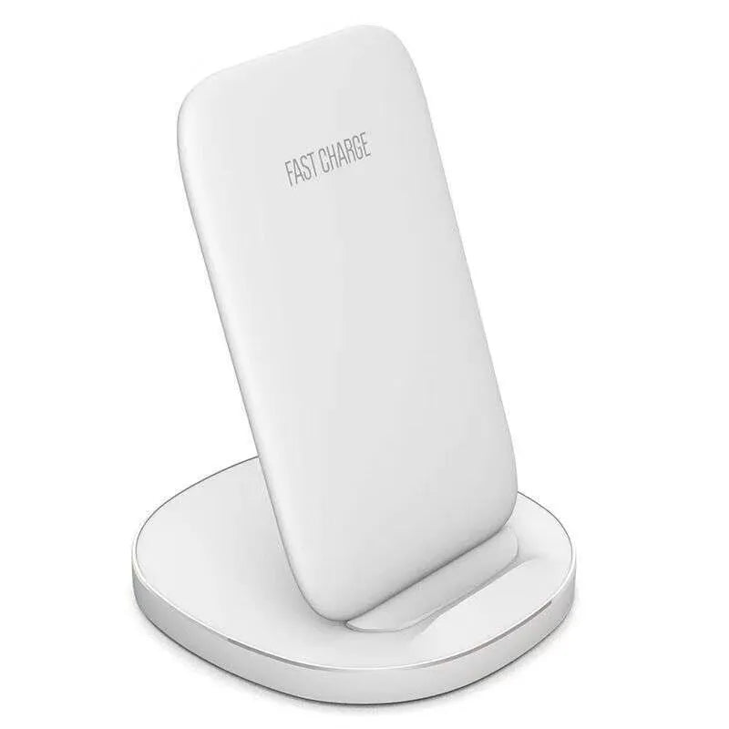 Vertical wireless charging dock in black and white for smartphones