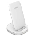 Vertical wireless charging dock in black and white for smartphones