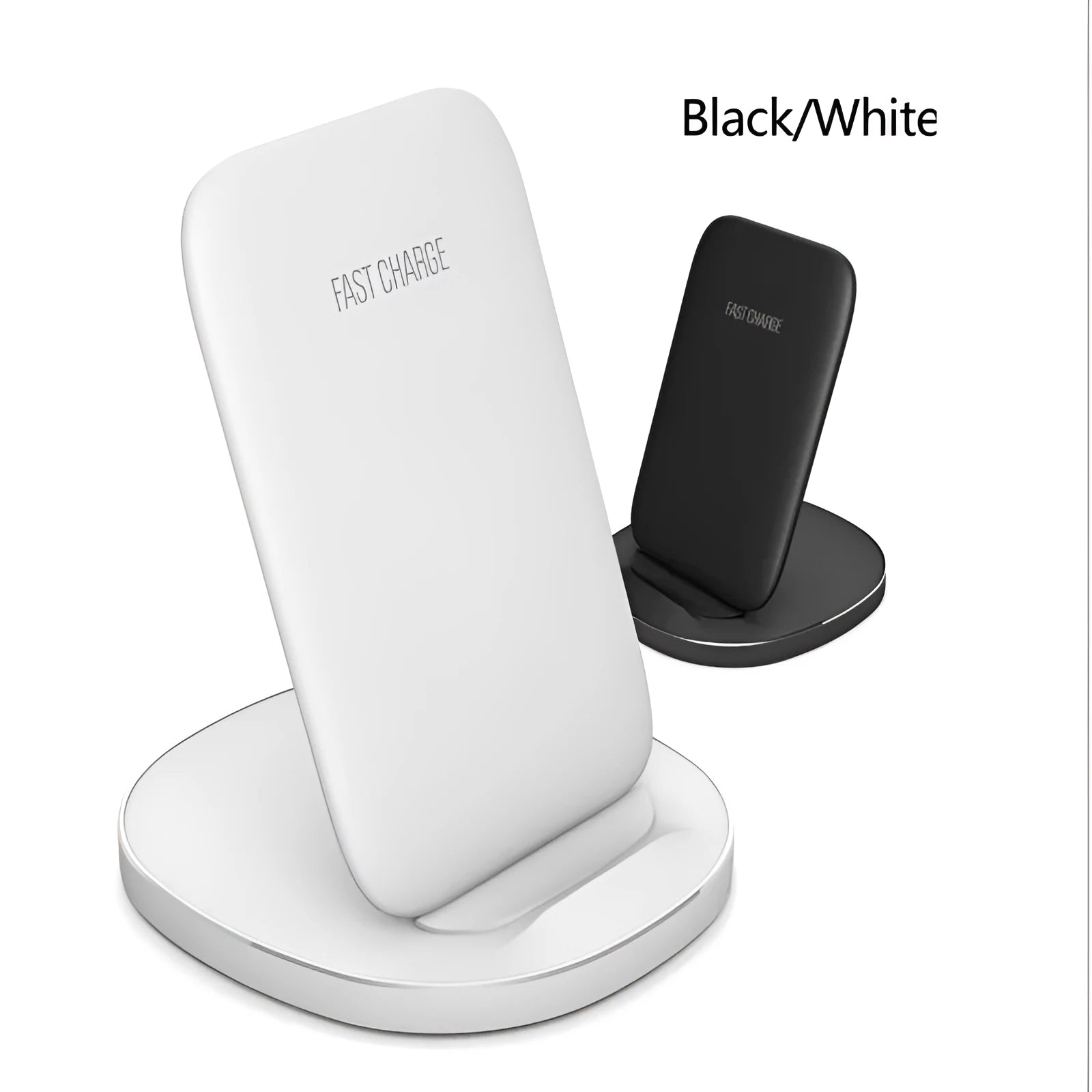 Vertical wireless charging dock in black and white for smartphones