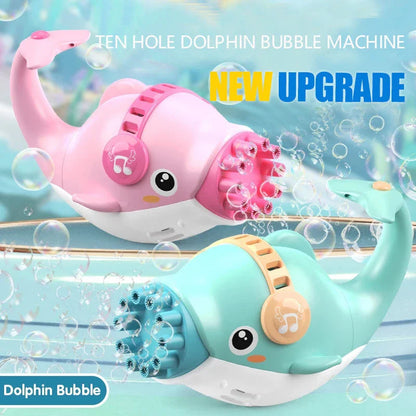 Colorful 10-hole dolphin-shaped bubble blaster creating a cloud of bubbles