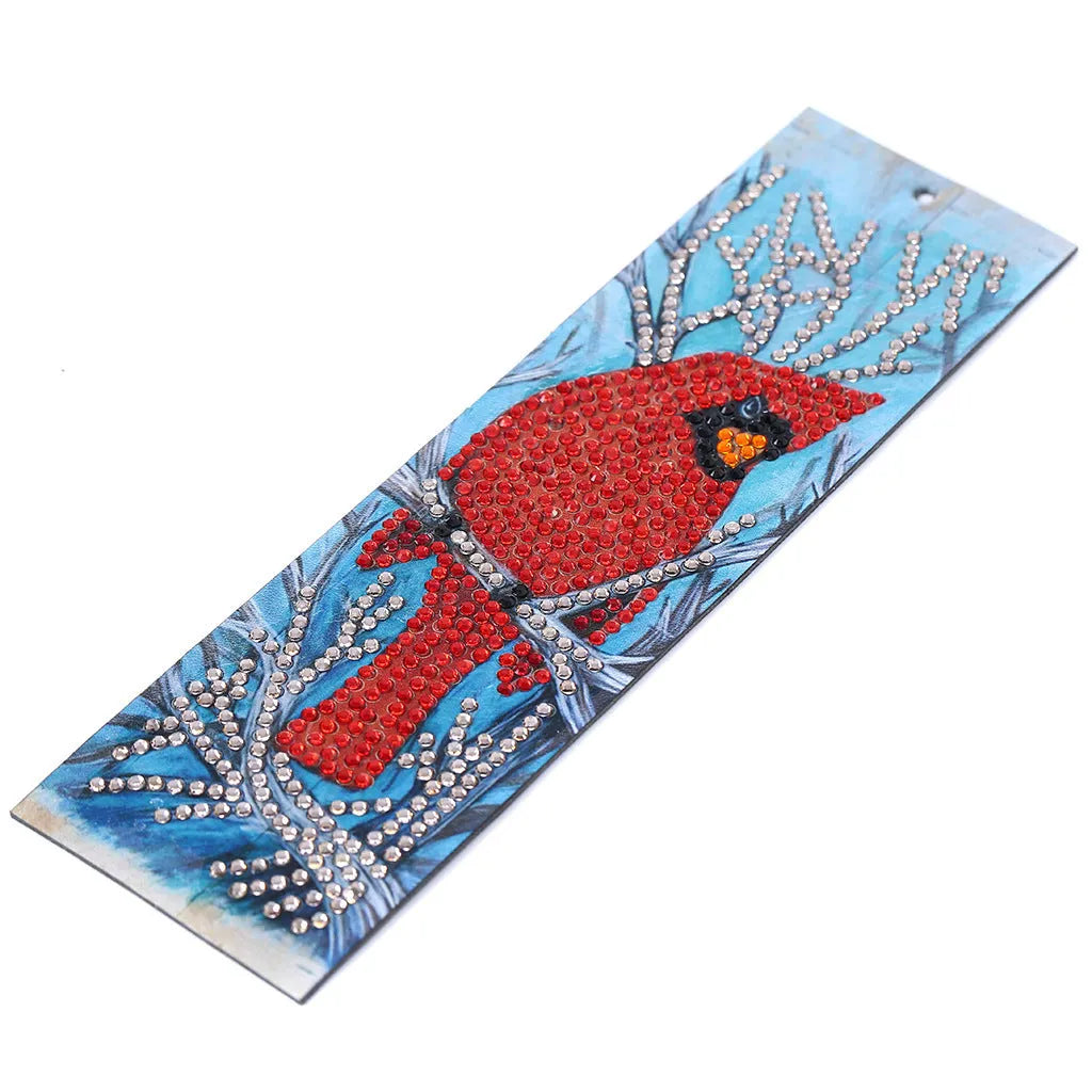 Leather diamond painting bookmark with red bird design, pendant, 21cm height
