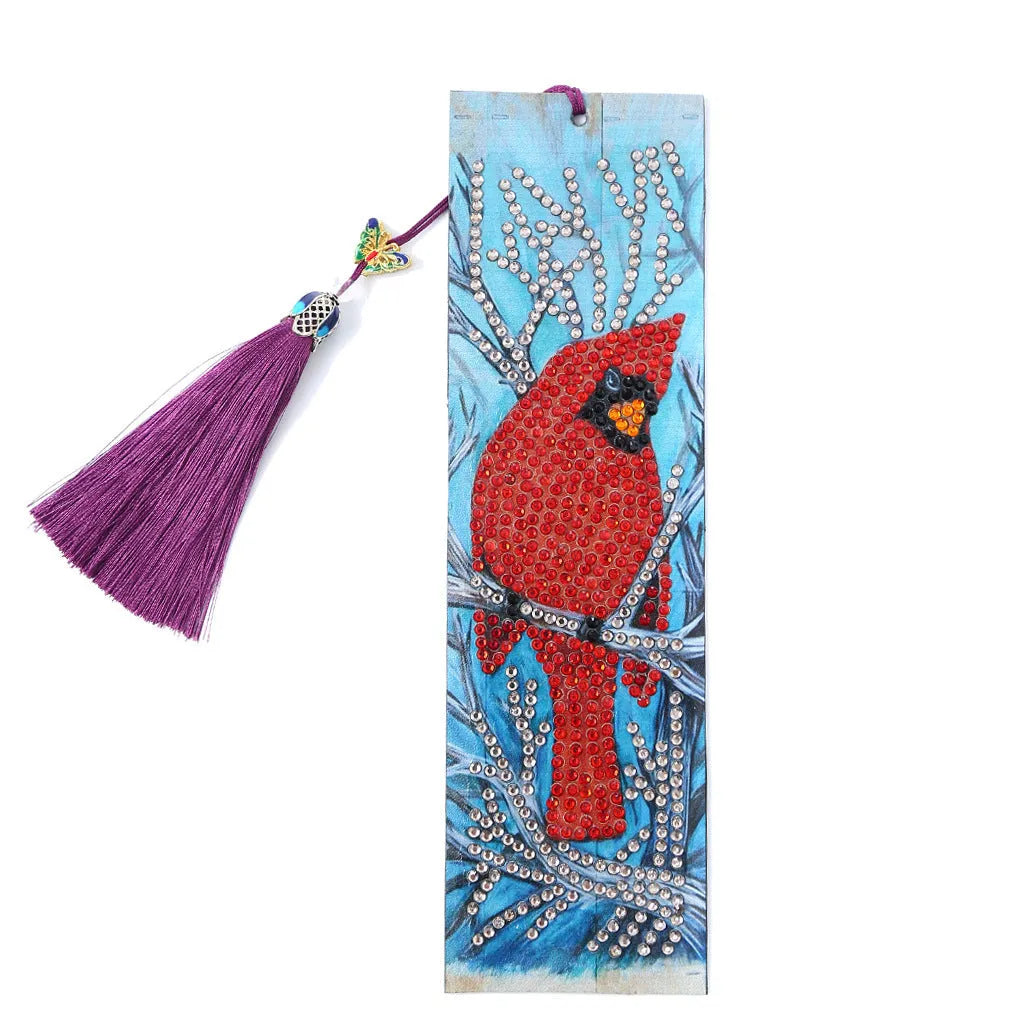 Leather diamond painting bookmark with red bird design, pendant, 21cm height