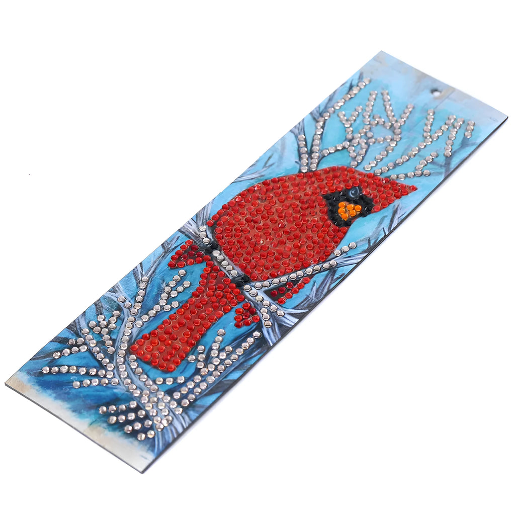 Leather diamond painting bookmark with red bird design, pendant, 21cm height