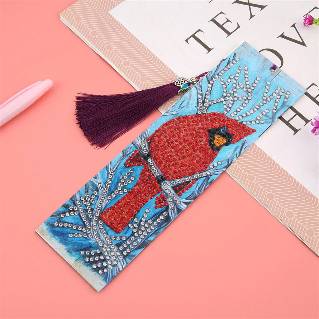 Leather diamond painting bookmark with red bird design, pendant, 21cm height