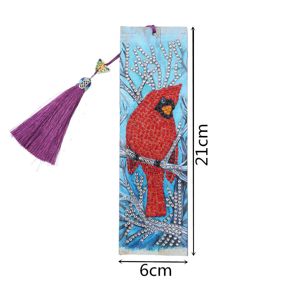 Leather diamond painting bookmark with red bird design, pendant, 21cm height