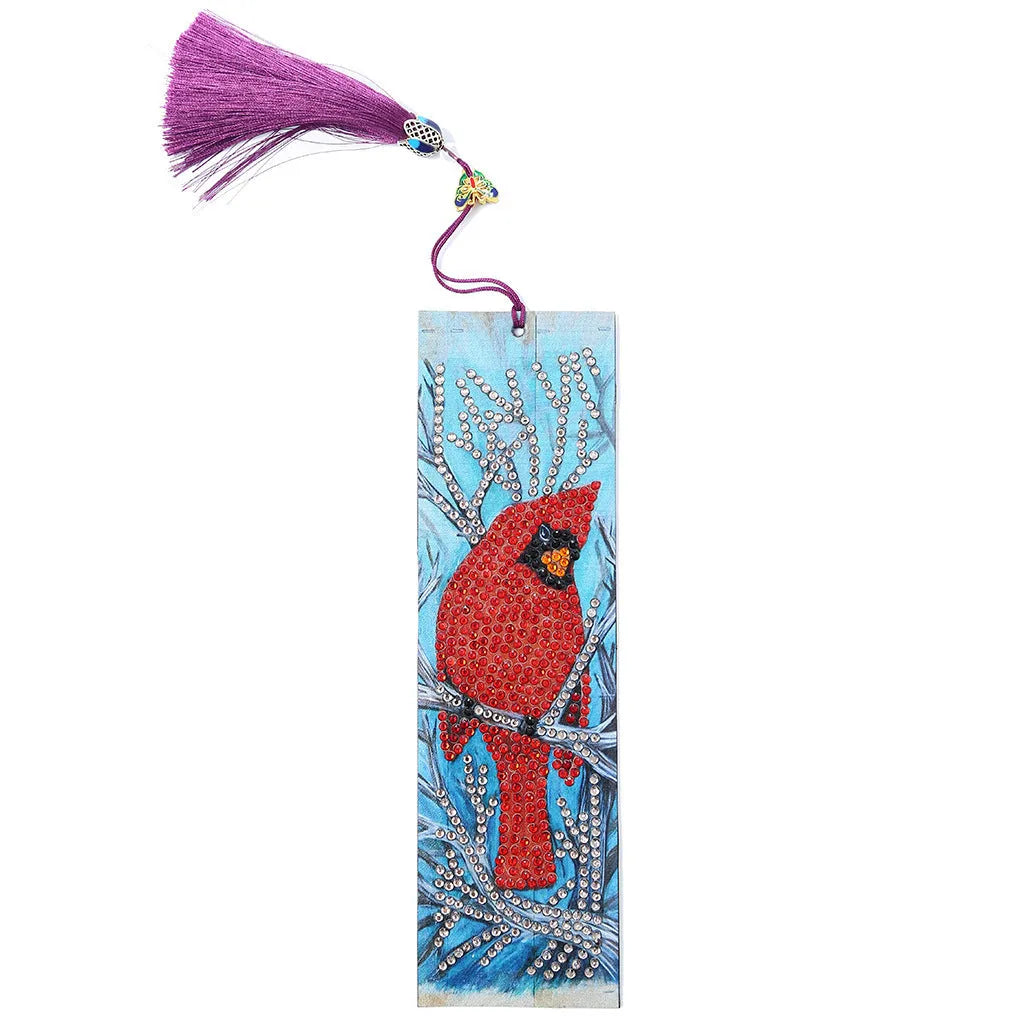 Leather diamond painting bookmark with red bird design, pendant, 21cm height