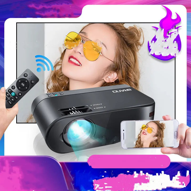 Portable wireless projector showing mobile phone connectivity and voice control features