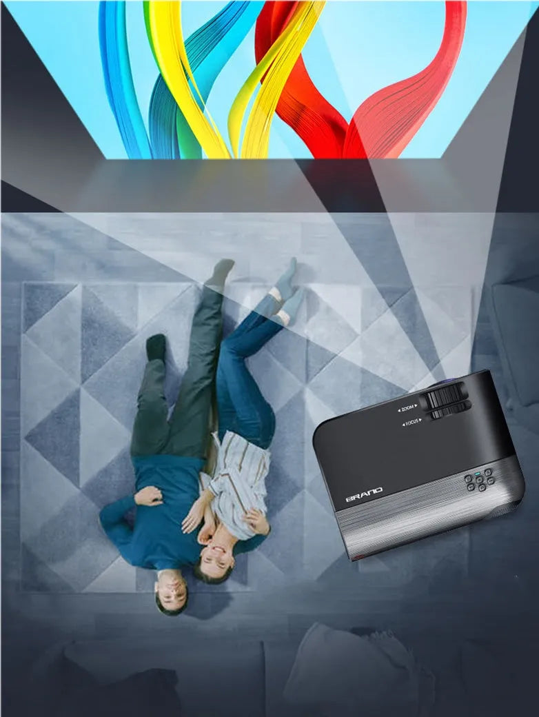 Portable wireless projector showing mobile phone connectivity and voice control features