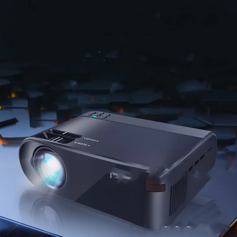 Portable wireless projector showing mobile phone connectivity and voice control features