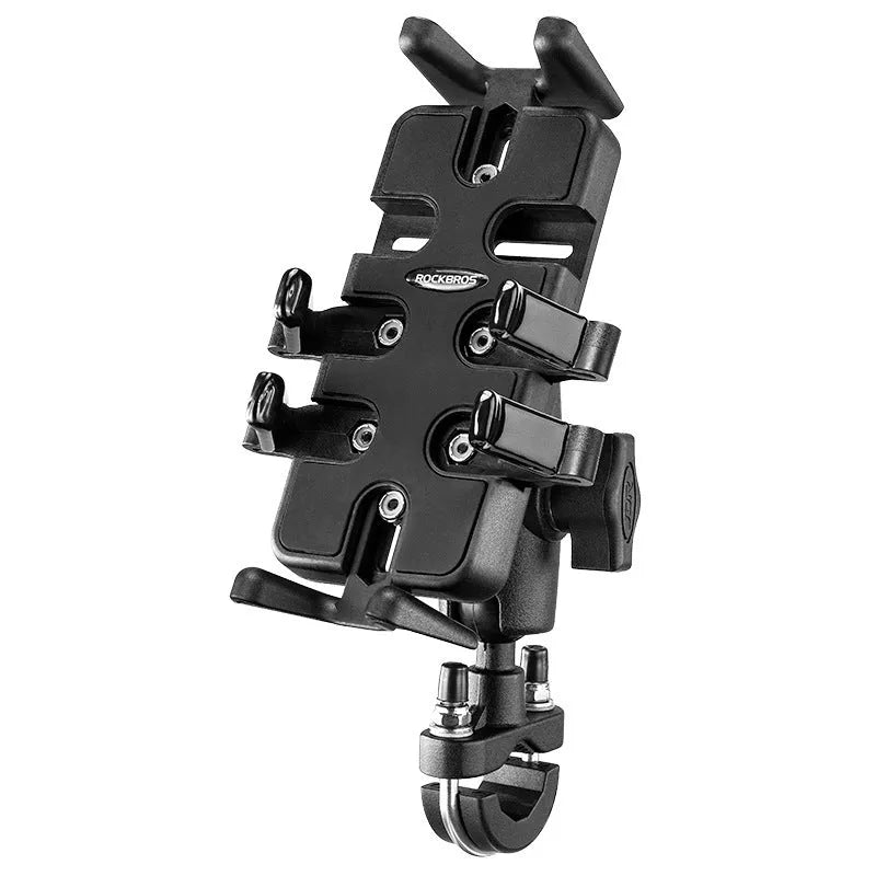 Black nylon motorcycle phone navigation bracket with U-shaped handlebar clamp