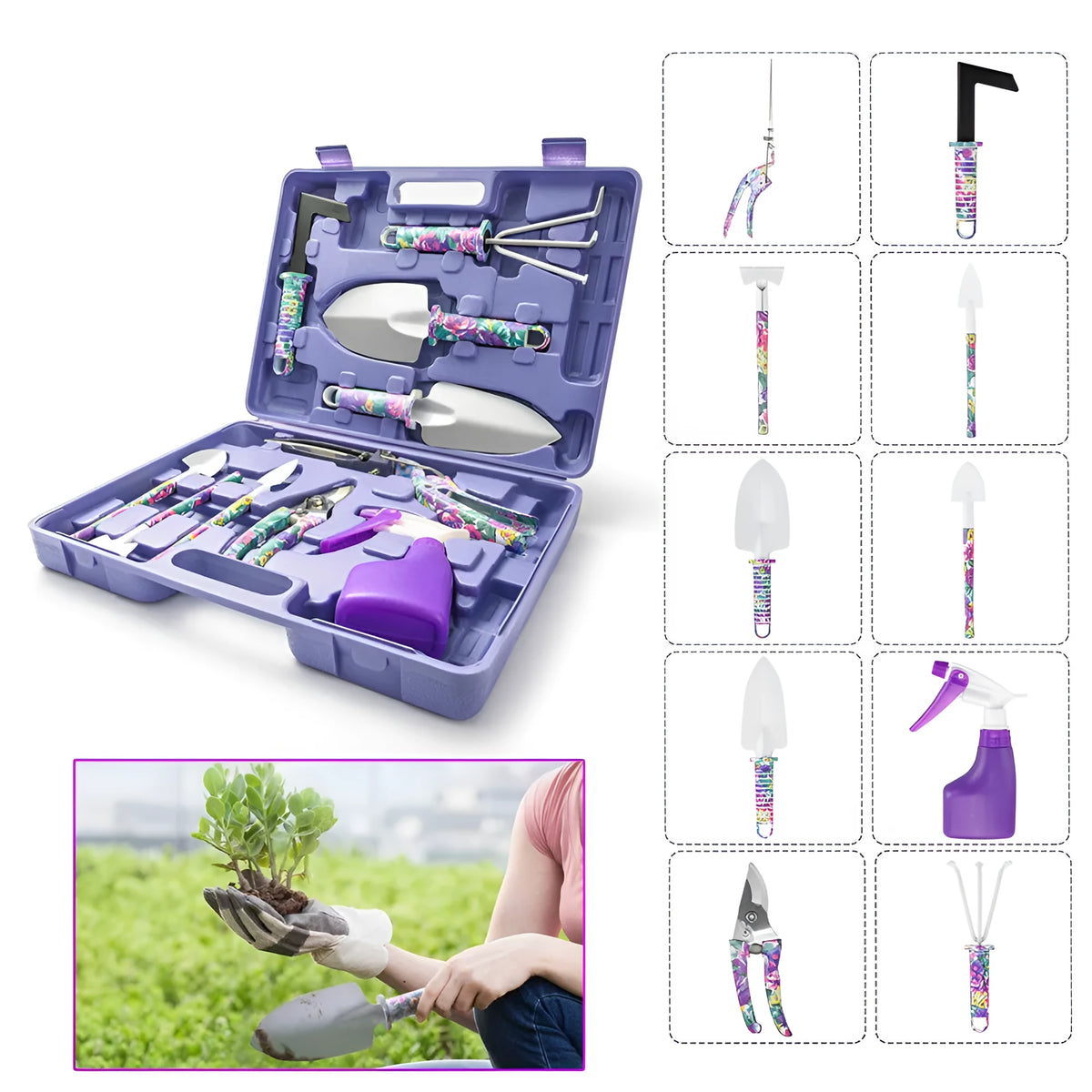 Camouflage 5 piece garden tool set with stainless steel shovel, rake, pruning shears, spray bottle, and plastic case in green and purple