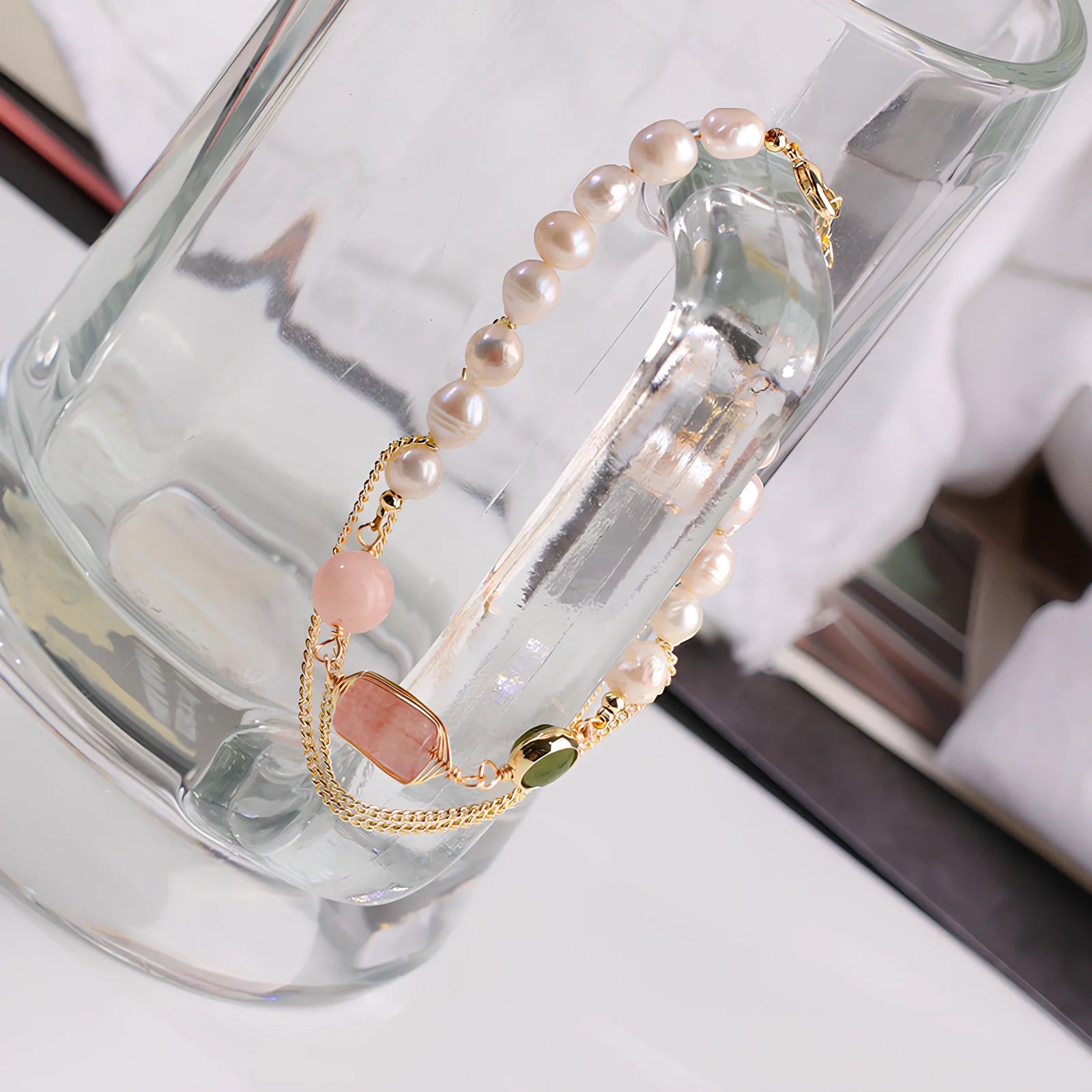 Women's geometric freshwater pearl bracelet with strawberry crystals and precise spacing