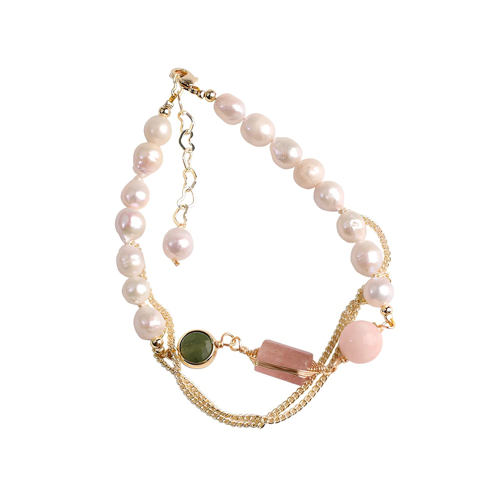 Women's geometric freshwater pearl bracelet with strawberry crystals and precise spacing