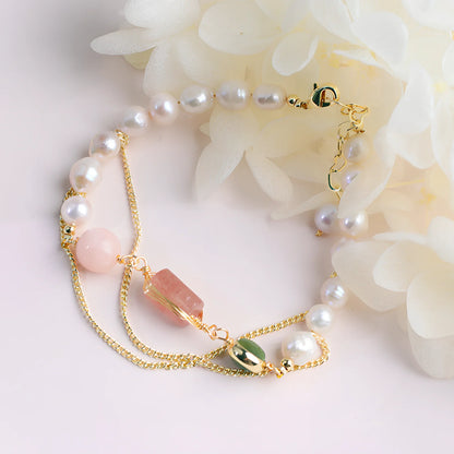 Women's geometric freshwater pearl bracelet with strawberry crystals and precise spacing