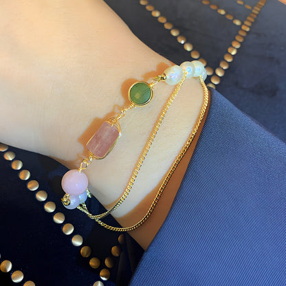 Women's geometric freshwater pearl bracelet with strawberry crystals and precise spacing