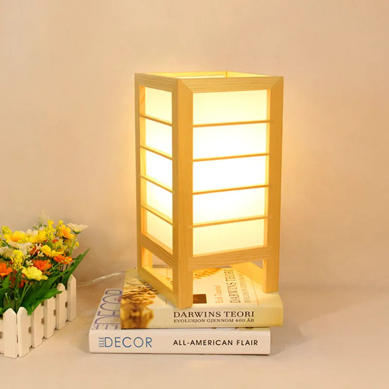 Solid wood Korean style bedside lamp with bamboo construction and push button switch