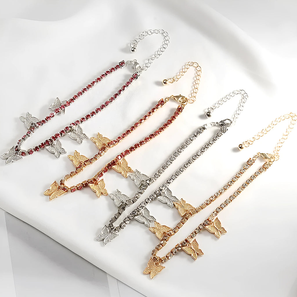 Rhinestone butterfly Cuban link anklet for women in alloy with diamond-encrusted finish, gold tone, adjustable 24+8 cm leg chain