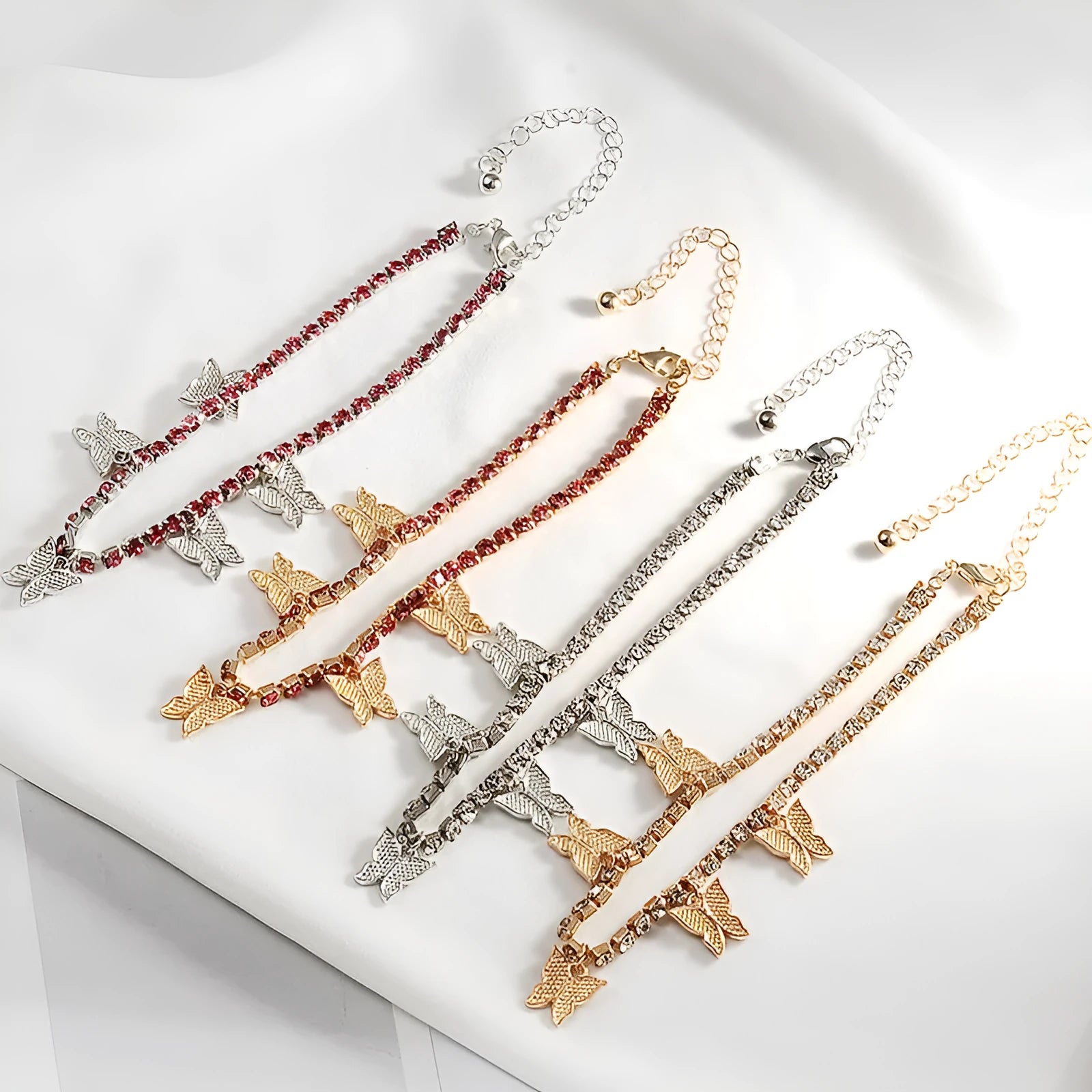 Rhinestone butterfly Cuban link anklet for women in alloy with diamond-encrusted finish, gold tone, adjustable 24+8 cm leg chain